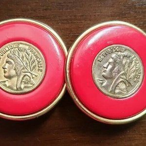 French Republic Republique Francaise Coin Clip-on Red And Gold Graziano Earrings